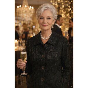 Chicos Black Button-Down Jacket Size 1 Geometric Pattern Long Sleeve Cotton/Span